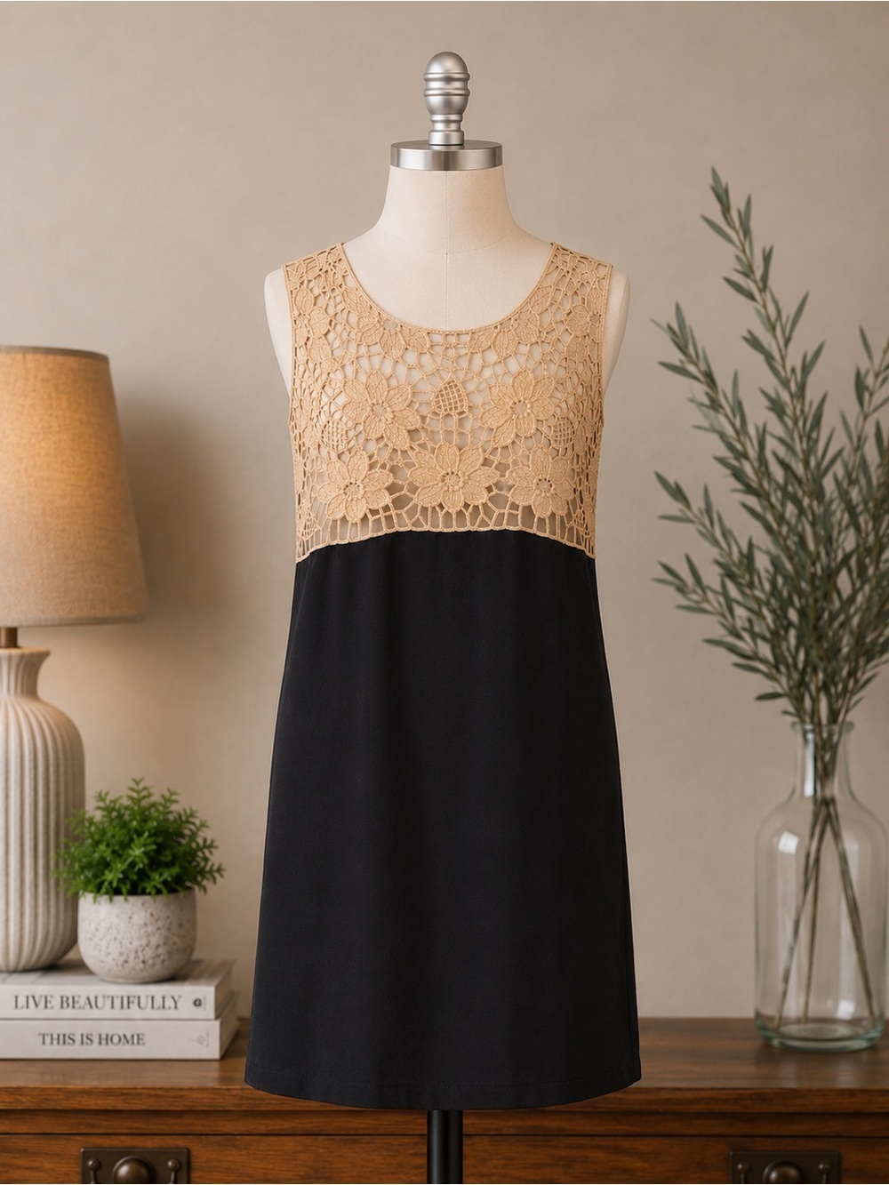 LOFT Linen Crochet Lace Shift Dress Black Natural Floral Sleeveless NWT Size 12